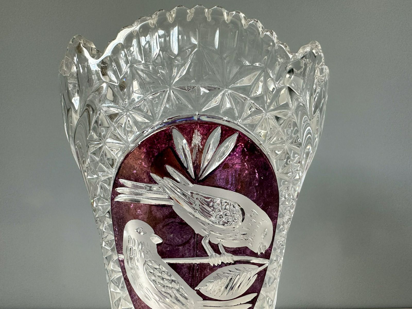 Vintage Flower Vase Birds Collection, The Ruby By Hofbauer, German Lead Glass Vase photo vinterior