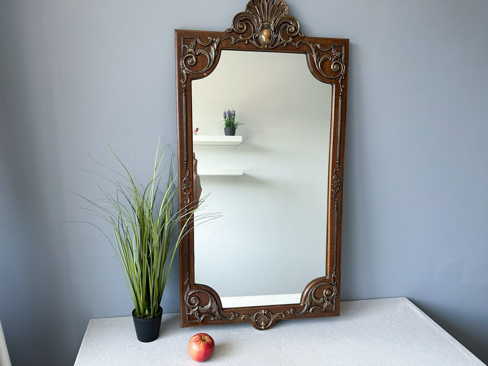 Antique Italian Wooden Mirror With Brass Decor, Large Wall Hanging Gold Mirror, Ornate Mirror, 42" X 21.55" photo buy