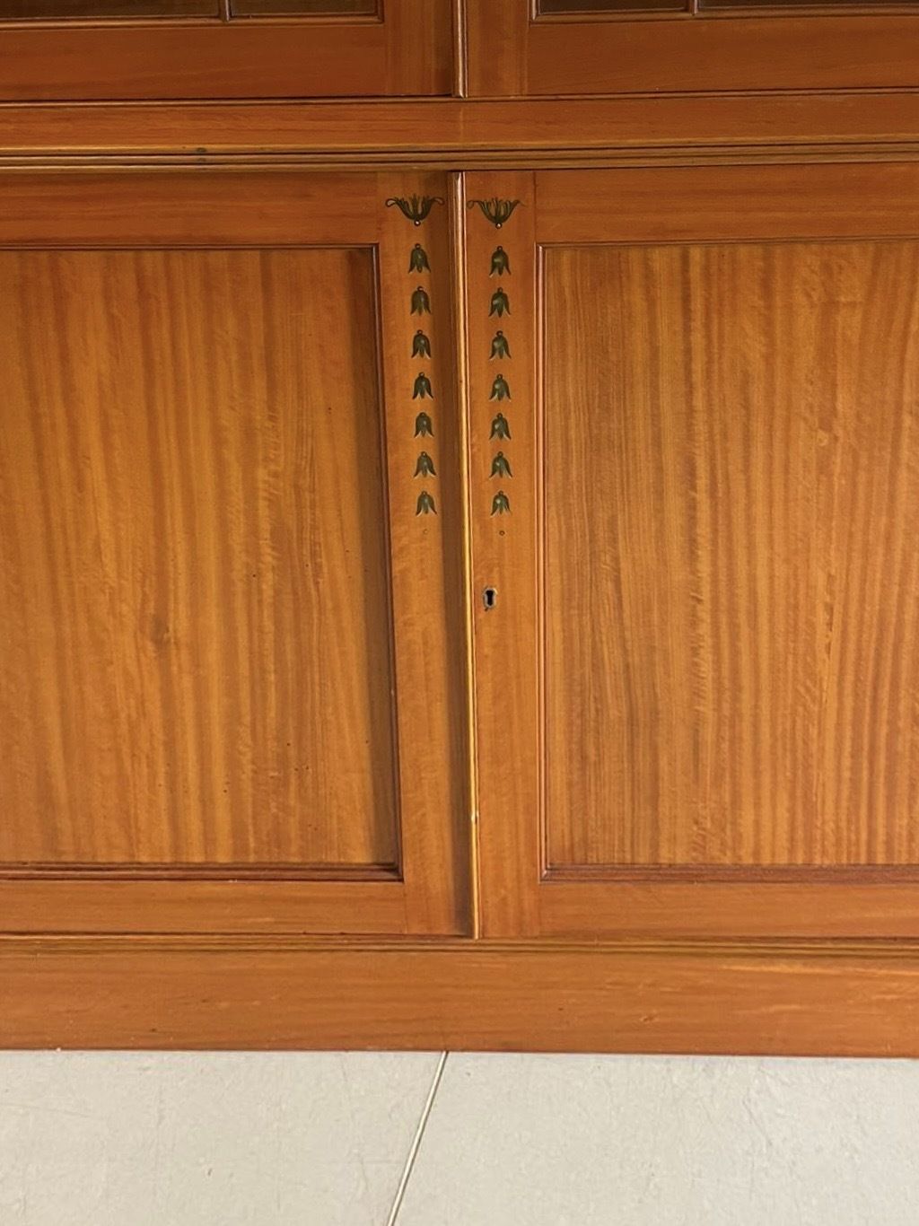 photo buy Large Quality Satinwood Astral Glazed Breakfront Display Cabinet With Original Painted Decoration