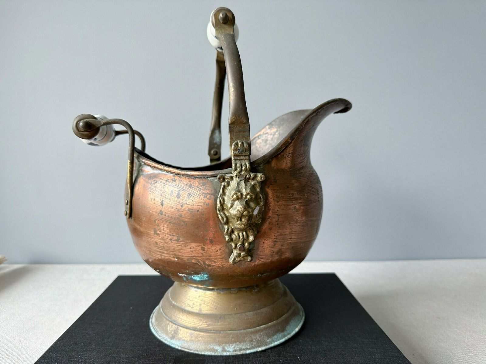 photo for sale Antique Dutch Brass Coal Bucket With Delft Blue Handle, Brass Antique Coal Scuttle, Antique Brass Fireplace Decor, Fireplace Accessory