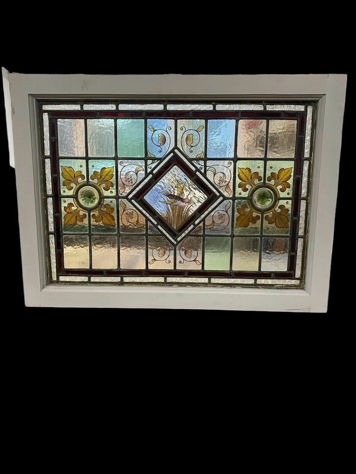 Victorian Stained Glass Hand Painted Rare Window Panel Old Restored Antique Lead