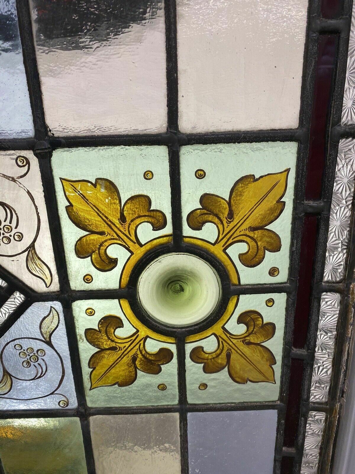 Victorian Stained Glass Hand Painted Rare Window Panel Old Restored Antique Lead photo vintage