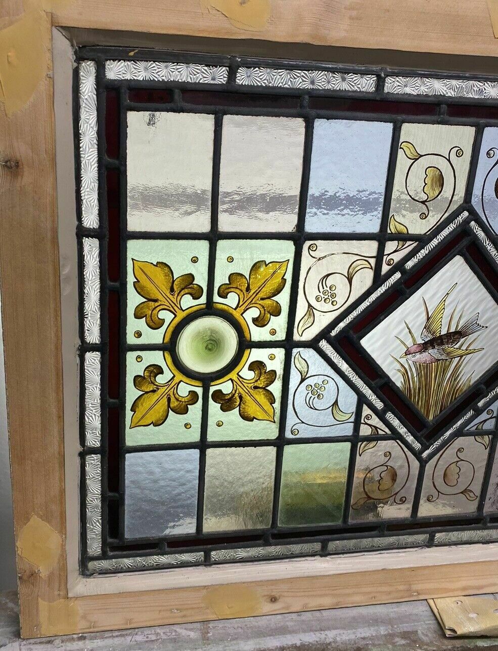 Home Fixtures Victorian Stained Glass Hand Painted Rare Window Panel Old Restored Antique Lead photo