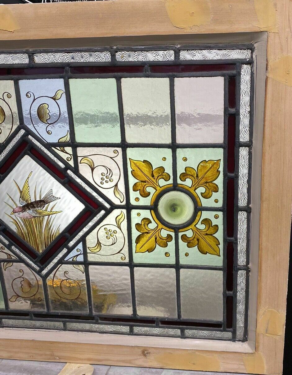 1175.0 Victorian Stained Glass Hand Painted Rare Window Panel Old Restored Antique Lead photo