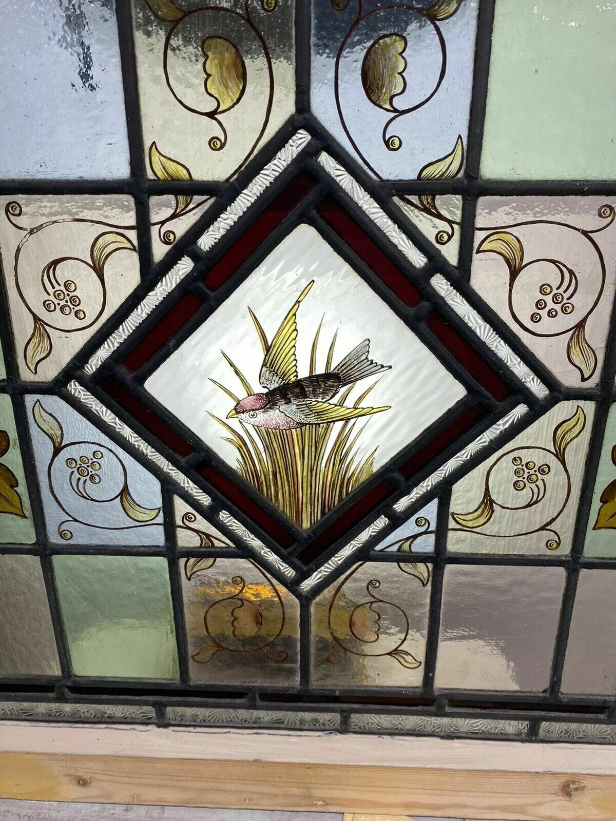 photo vinterior Victorian Stained Glass Hand Painted Rare Window Panel Old Restored Antique Lead