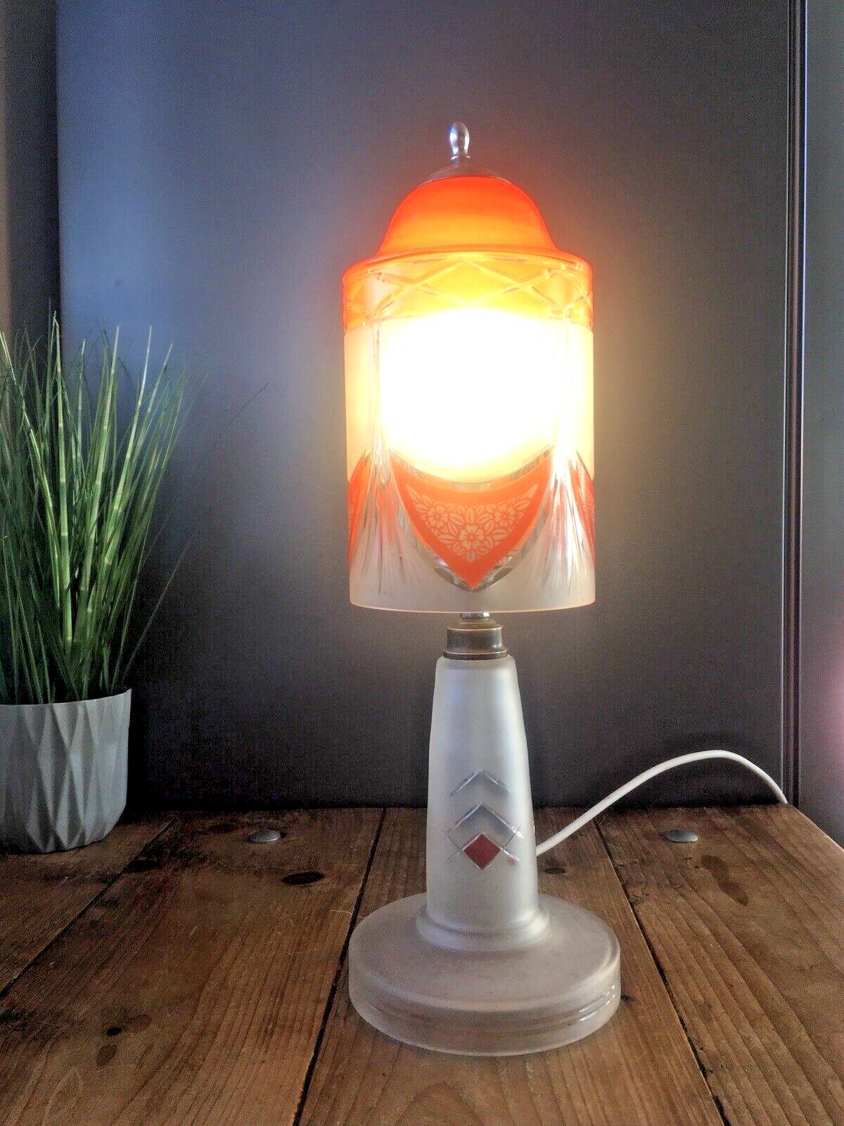 Art Deco 1930s Orange Frosted Geometric Etched Glass Lamp Base And Light Shade