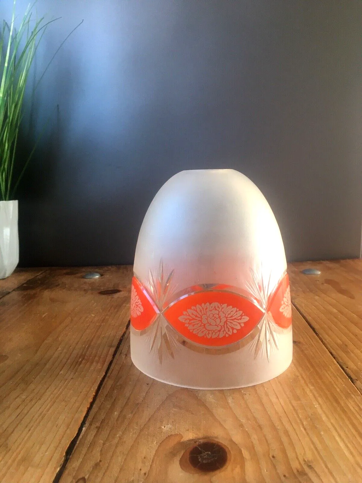 Superb Art Deco 1930's Orange Frosted Geometric Etched Glass Floral Lamp Shade photo Lighting