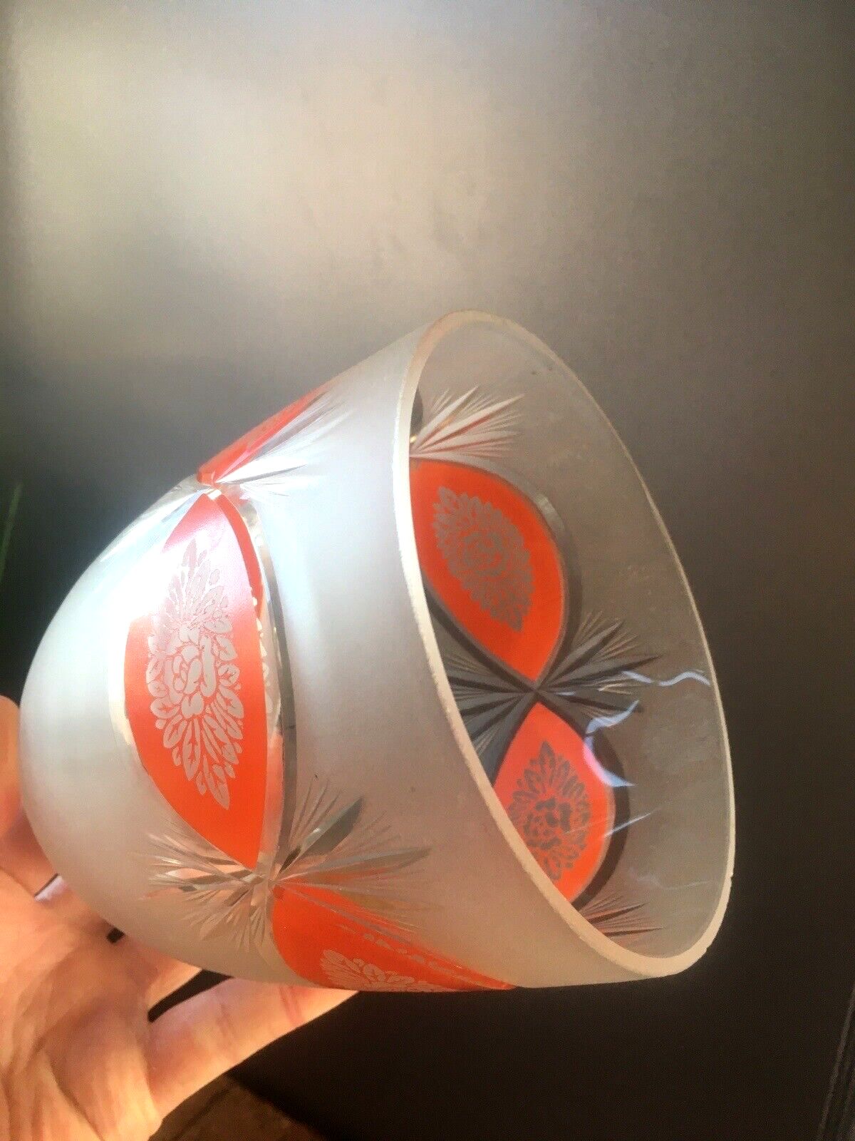 Superb Art Deco 1930's Orange Frosted Geometric Etched Glass Floral Lamp Shade photo vinterior