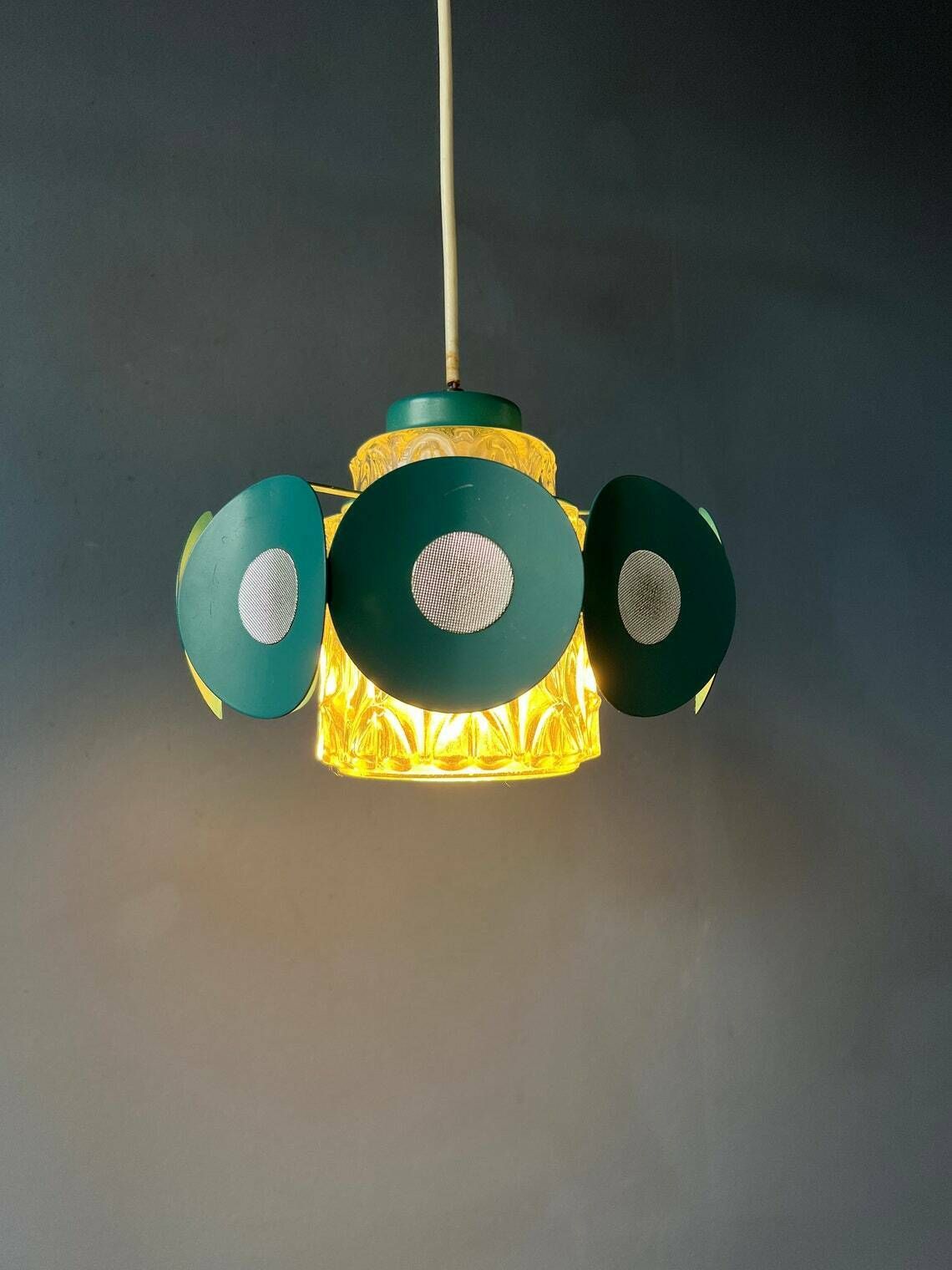 Space Age Hanglamp Met Glazen Kap En Groen/Blauw Metalen Frame photo Verlichting