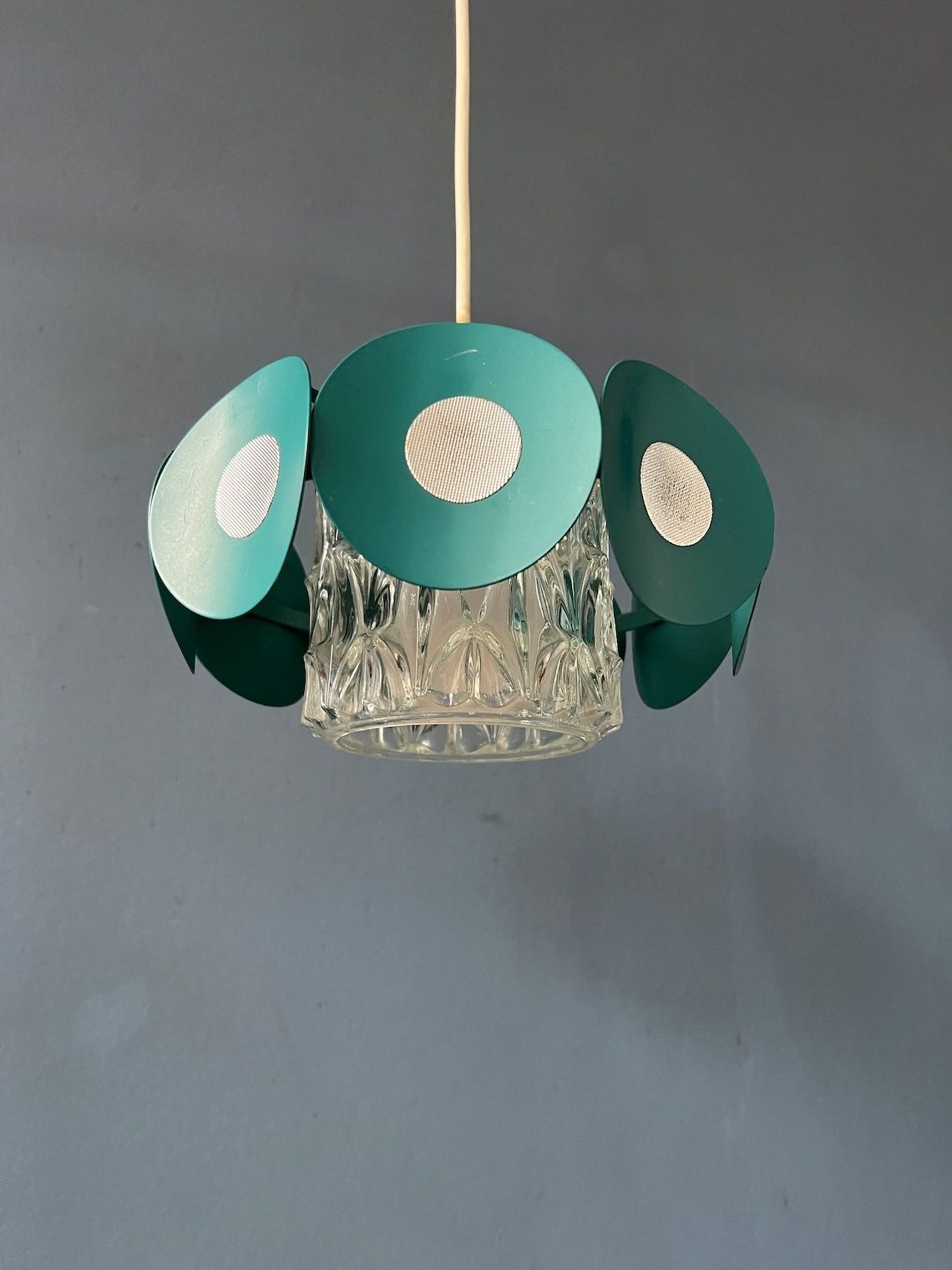 Space Age Hanglamp Met Glazen Kap En Groen/Blauw Metalen Frame photo vintage