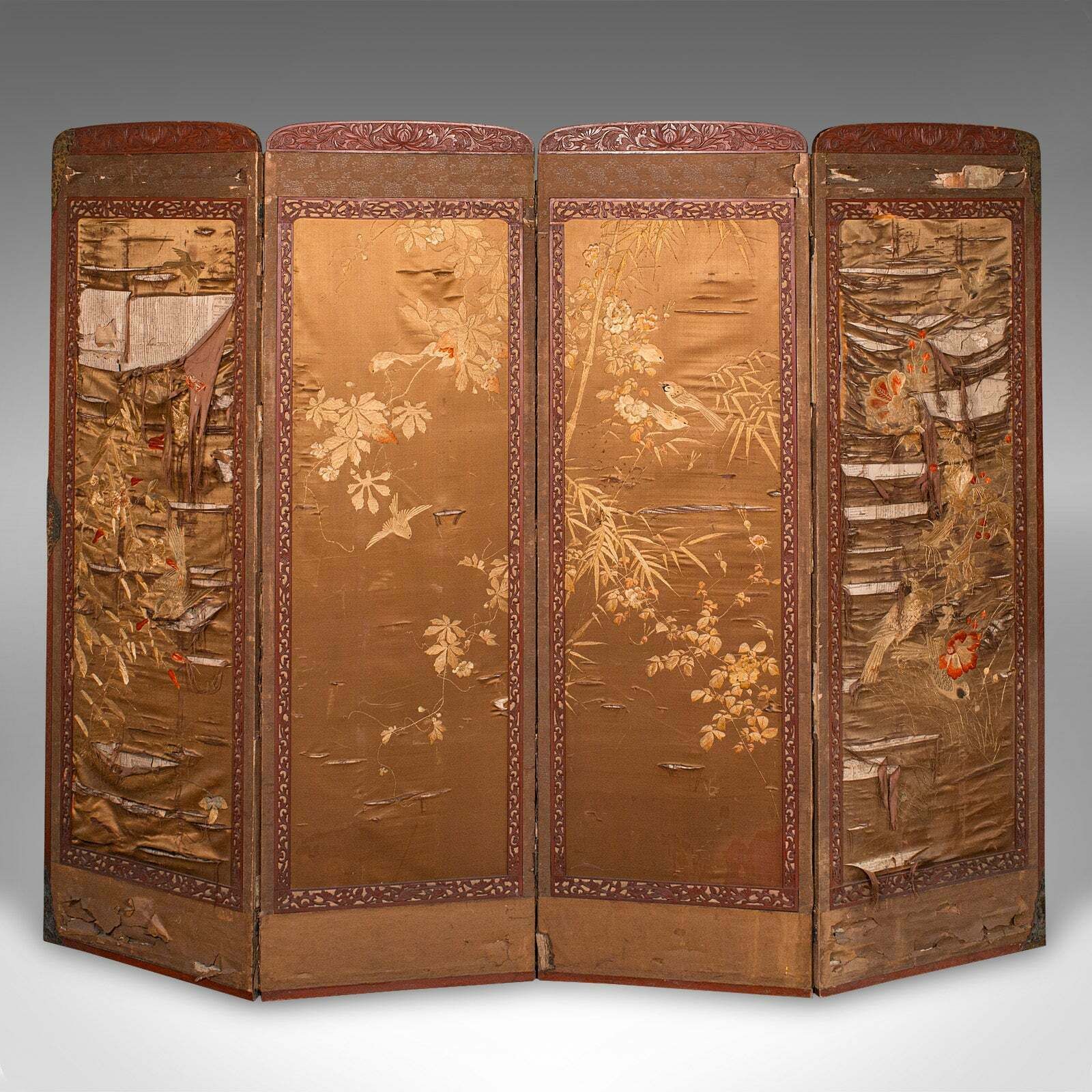 Antique Photographic Prop Screen, Japanese, Silk Cotton, Room Divider, Victorian photo Home Decor