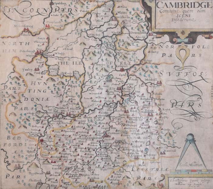 Cambridgeshire Map 17th Century Engraving By Kip After Saxton 1637