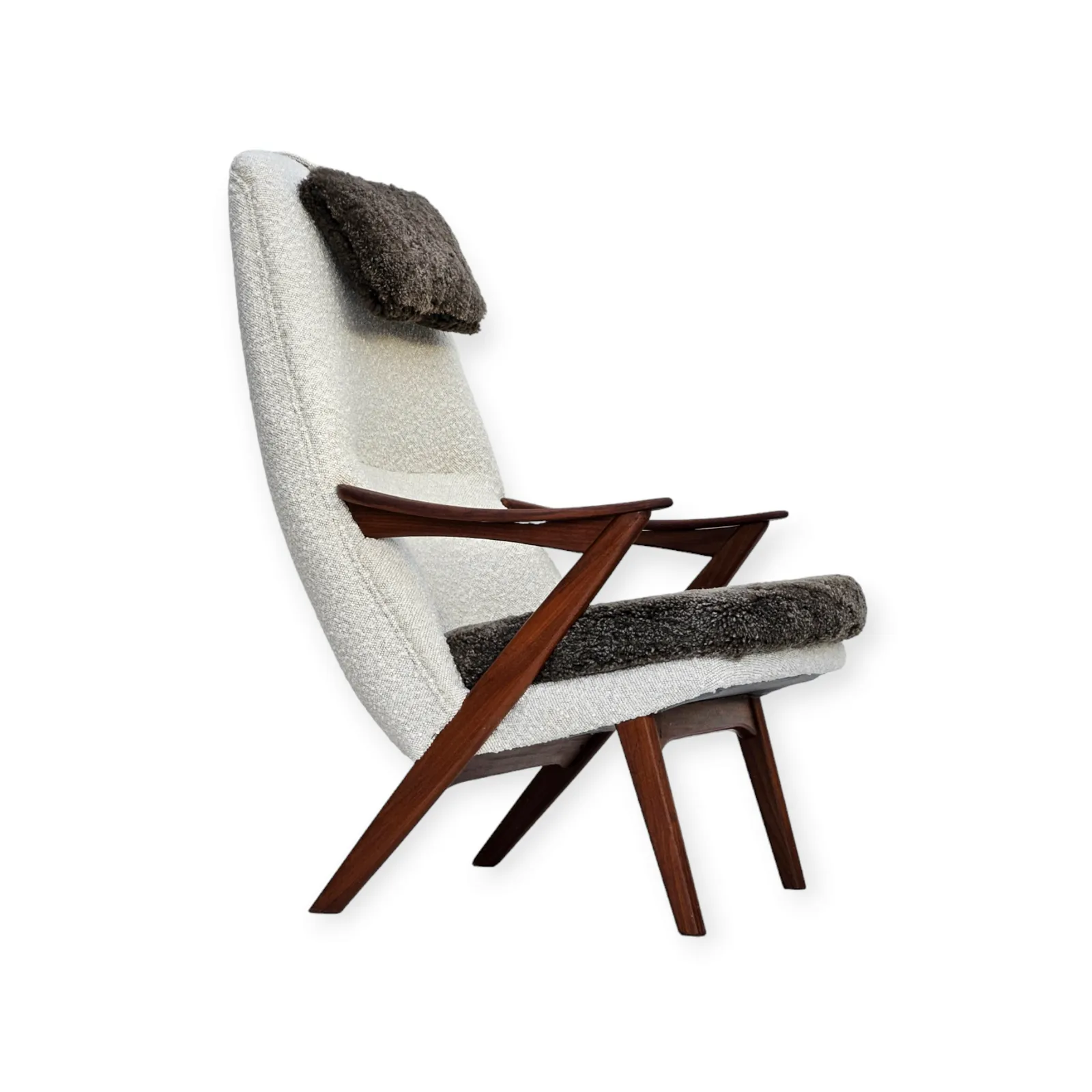 1960s, Scandinavian Design, Reupholstered Armchair, Furniture Fabric, Genuine Sheepskin, Teak.