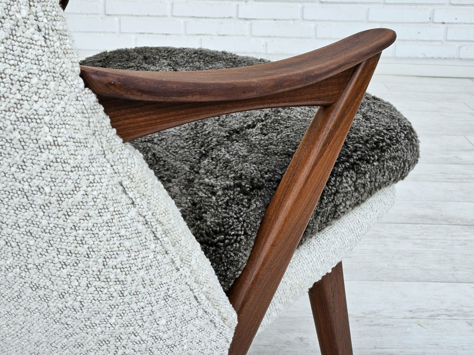 photo furniture 1960s, Scandinavian Design, Reupholstered Armchair, Furniture Fabric, Genuine Sheepskin, Teak.