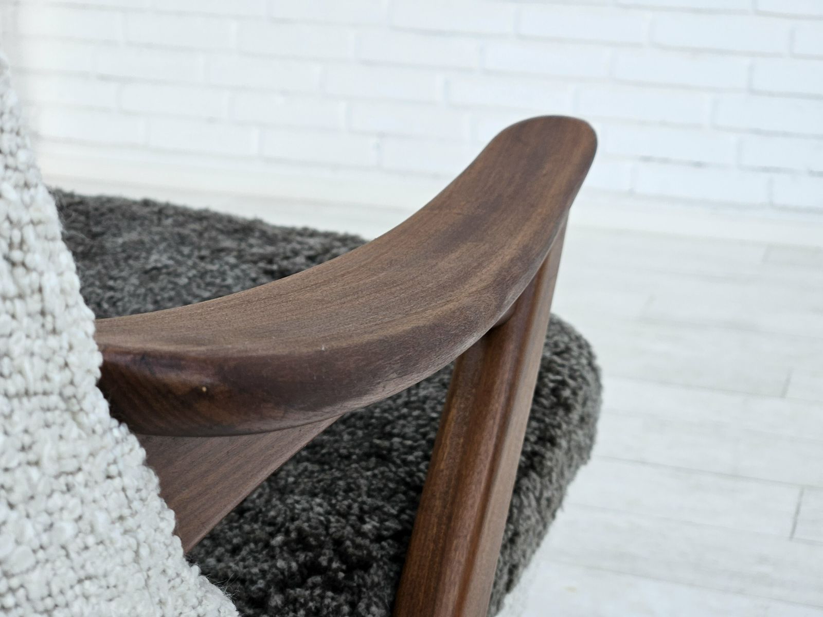 2490.0 1960s, Scandinavian Design, Reupholstered Armchair, Furniture Fabric, Genuine Sheepskin, Teak. photo
