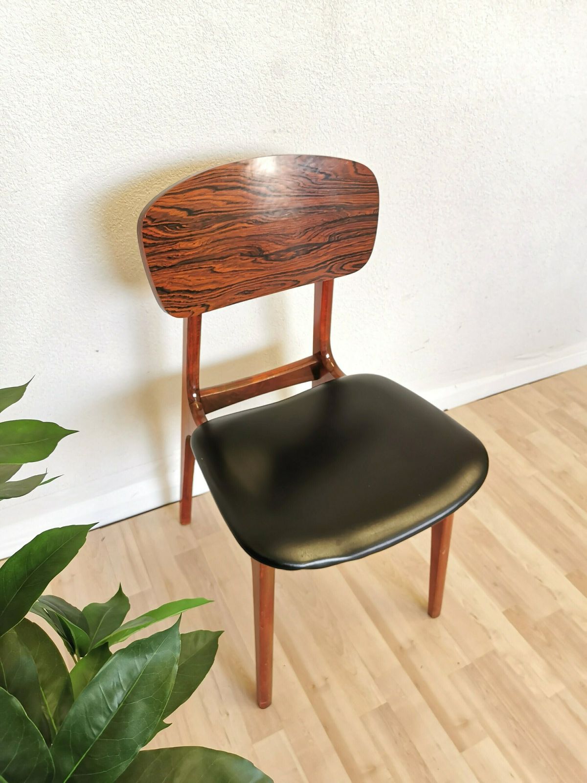 Vintage Wooden Dine Chair With Black Leather Seat / By Konjuh Zhivinice, Yugoslavia 1970s / Yugoslavia Retro Mid Century Dining Chair