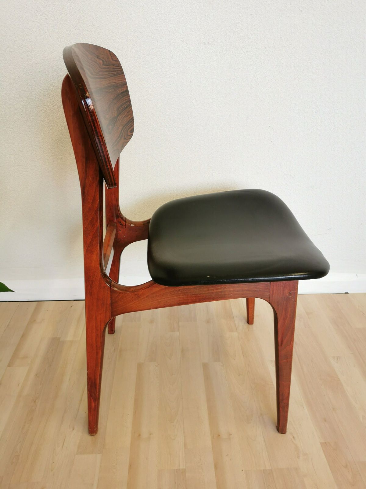 Vintage Wooden Dine Chair With Black Leather Seat / By Konjuh Zhivinice, Yugoslavia 1970s / Yugoslavia Retro Mid Century Dining Chair photo Furniture