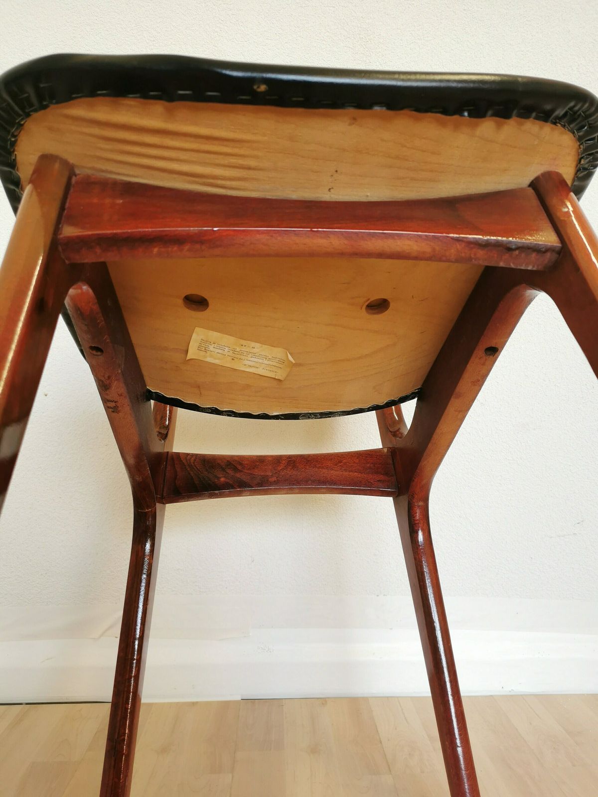 photo furniture Vintage Wooden Dine Chair With Black Leather Seat / By Konjuh Zhivinice, Yugoslavia 1970s / Yugoslavia Retro Mid Century Dining Chair