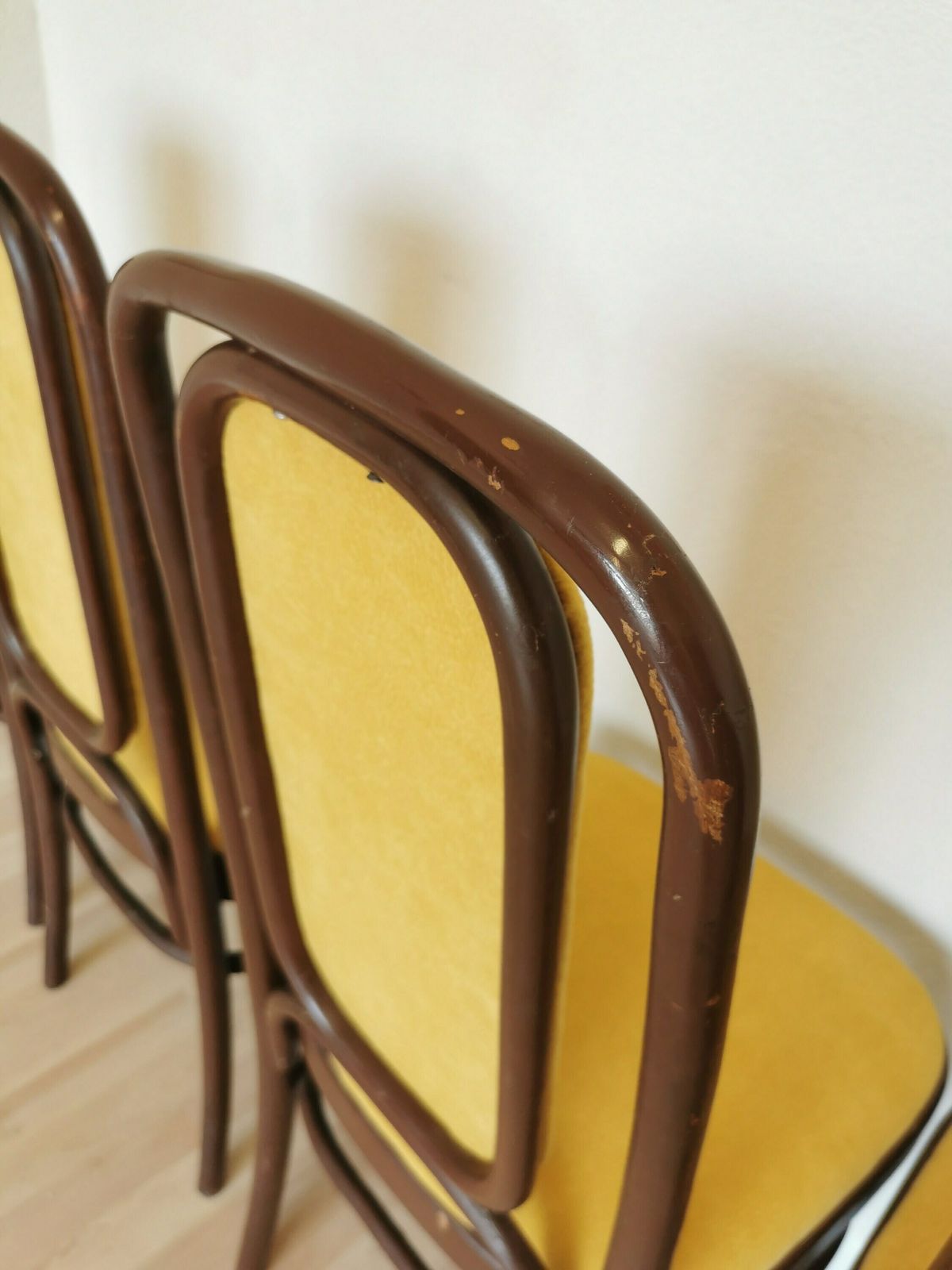 1 Of 3 Vintage Wooden Dine Chair In Thonet Sytle With High Backrest And Cushioned Seat In Yellow Fabric / 1970s Yugoslavia Mid Century photo vintage