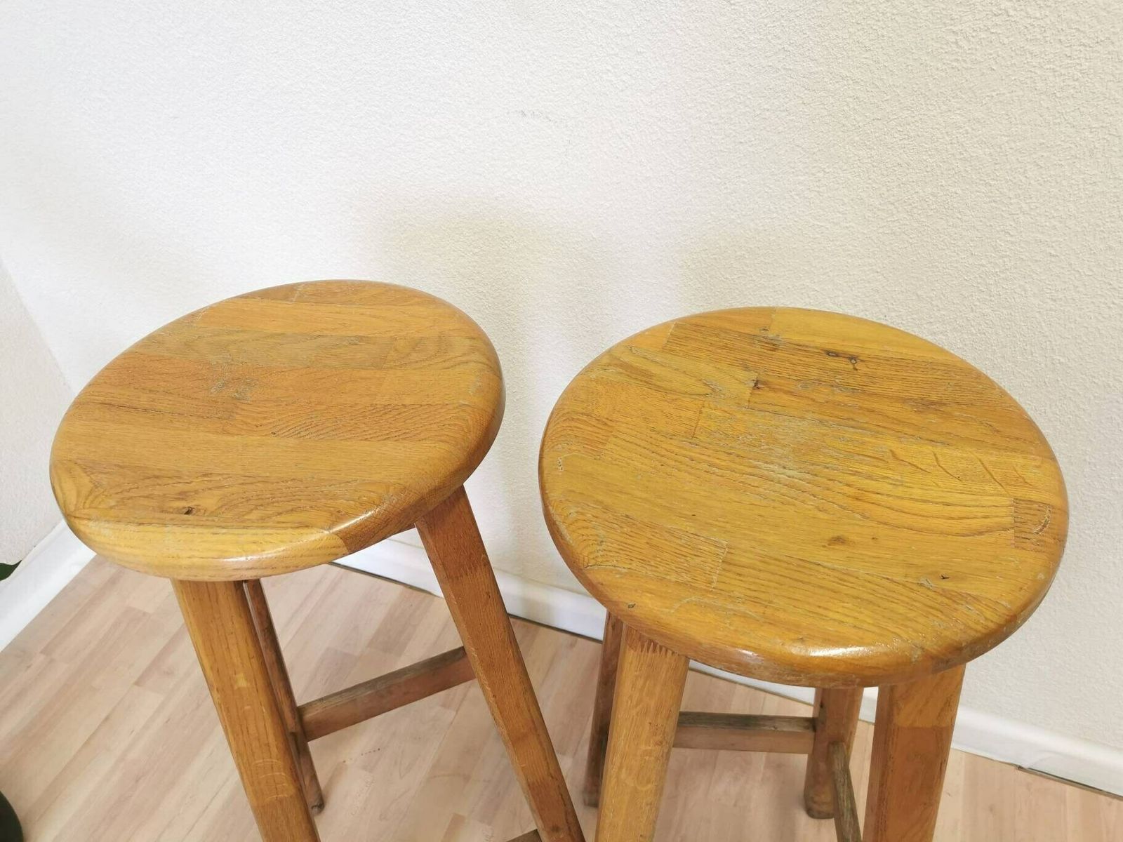 Set Of 2 Vintage Wooden Oak Bar Stools / High Chair For Kitchen Island / Made In Yugoslavia, 1980s / Minimalistic Japandi Bistro photo furniture