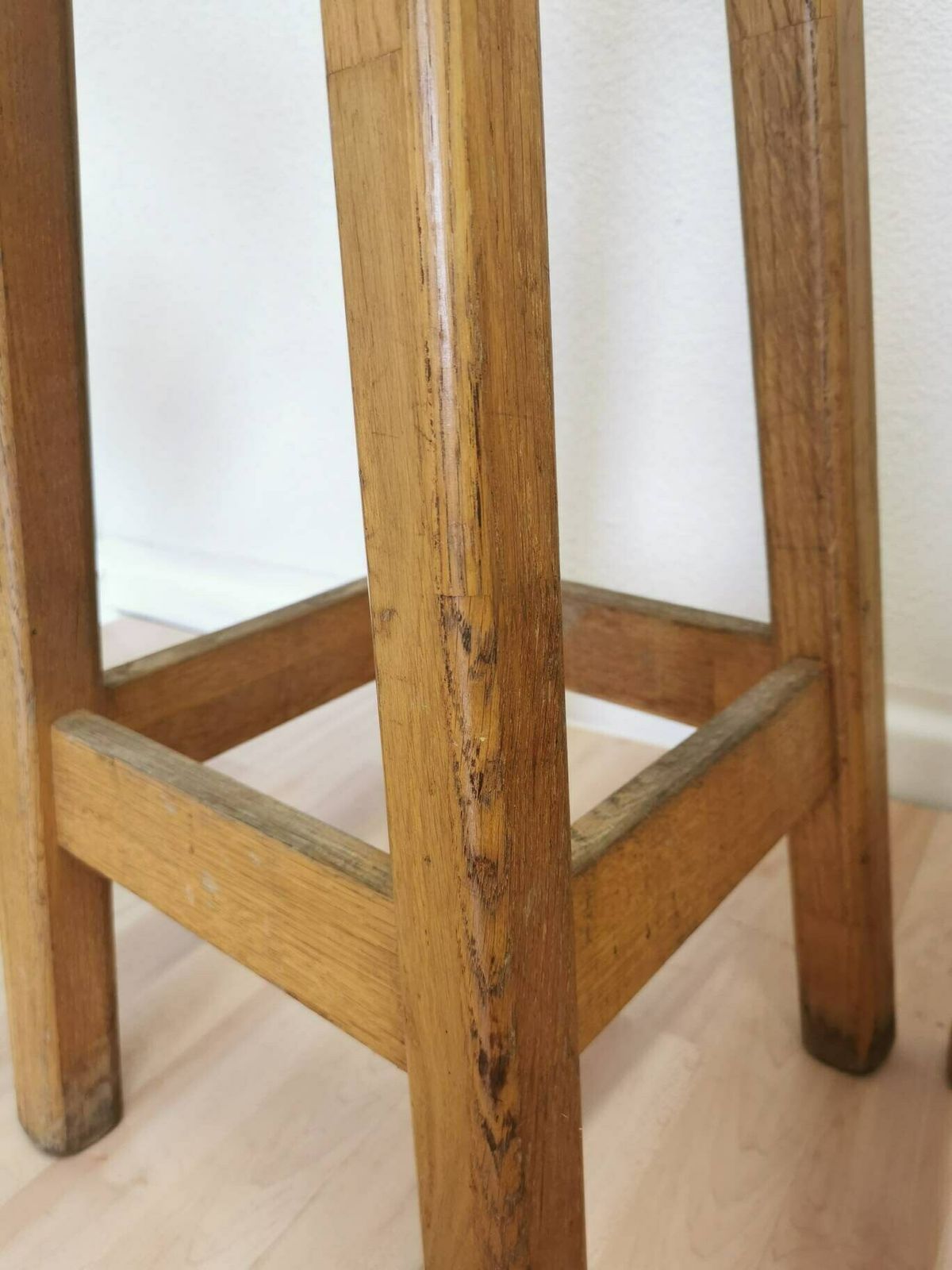 photo for sale Set Of 2 Vintage Wooden Oak Bar Stools / High Chair For Kitchen Island / Made In Yugoslavia, 1980s / Minimalistic Japandi Bistro