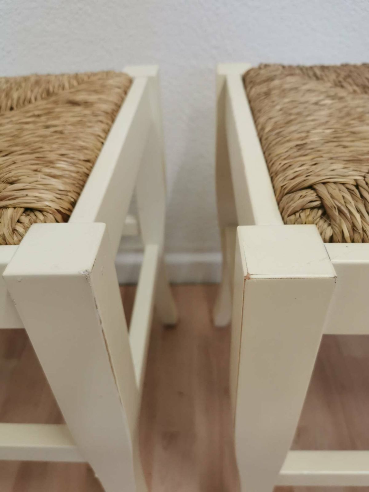 Set Of 4 Vintage White Wooden Stools With Thatched Seating / 1970s Yugoslavia / Boho Farmhouse Country Cottage Interior / Living Room Ideas photo for sale