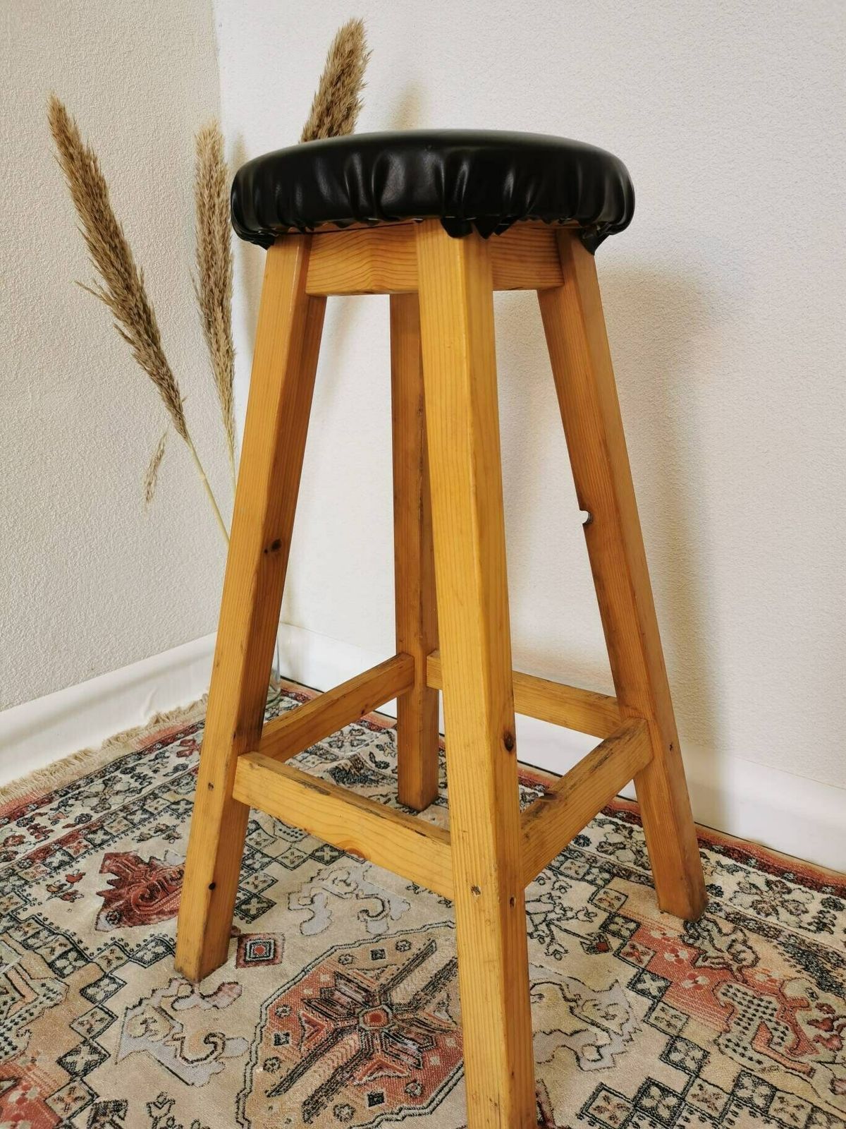 Vintage Wooden Bar Stool With Black Leather Seating / Made In Yugoslavia / 1980s / Mid Century Bistro High Side Chair / Industrial Kitchen photo vinterior