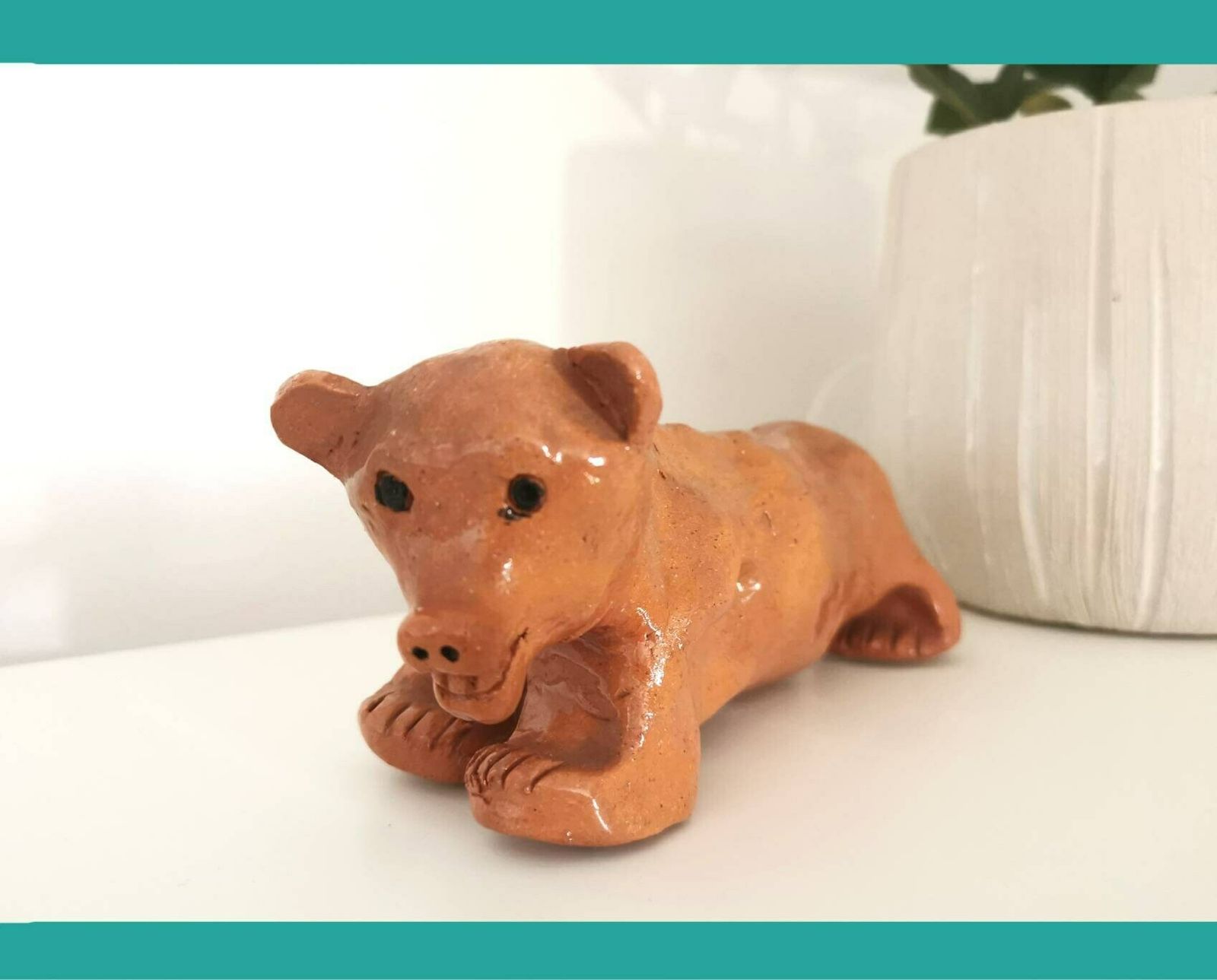 Vintage Bear Figurine / Handmade In The 1980s / Clay Mini Scuplture / Pottery Ornament / Brown Bear Cub / Minimalistic