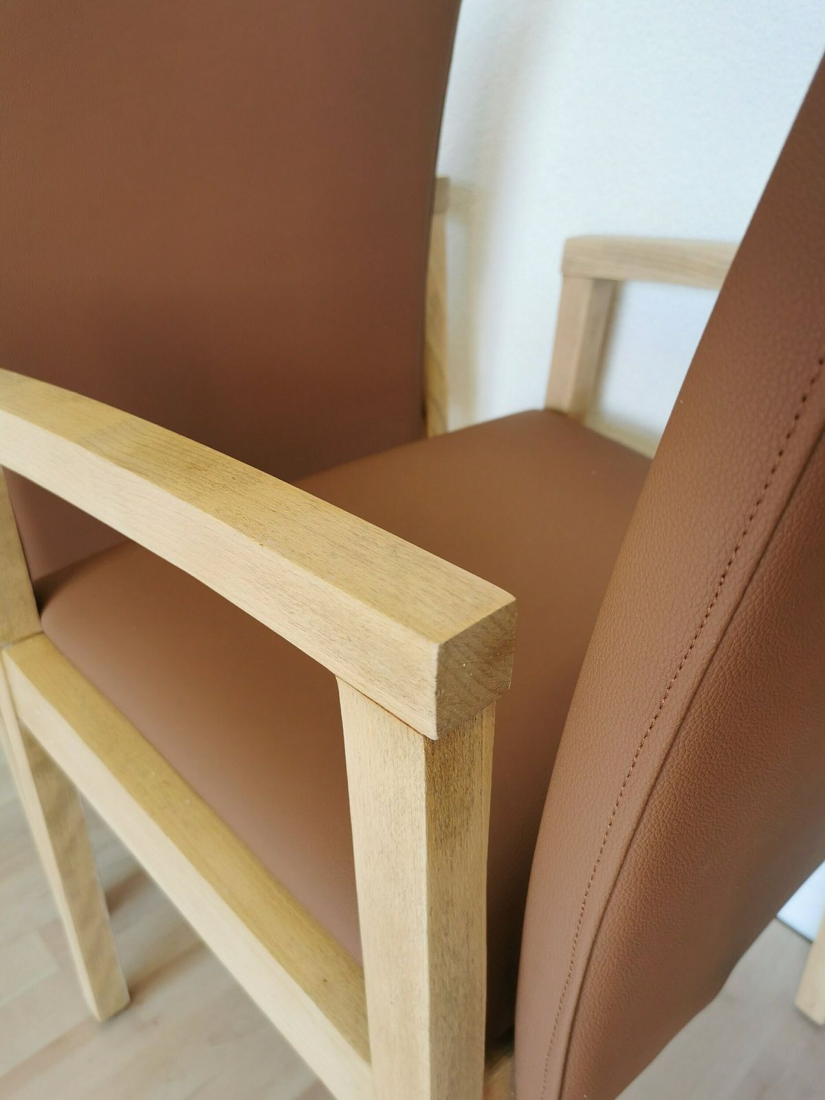 photo for sale Set Of 4 Restored Vintage Massive Wooden Dining Chairs With Brown Leather And Armrests / Italian Mid Century Design / Made In Italy 1990s