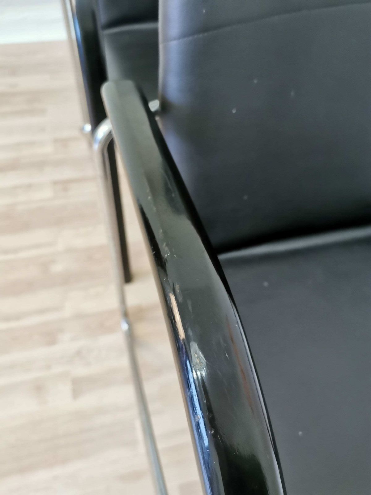 photo for sale Set Of 2 Vintage Office Chairs In Black Leather Chrome Base Plastic Armrests / 1980s Waiting Room Chairs / Mid Century Italian Modern