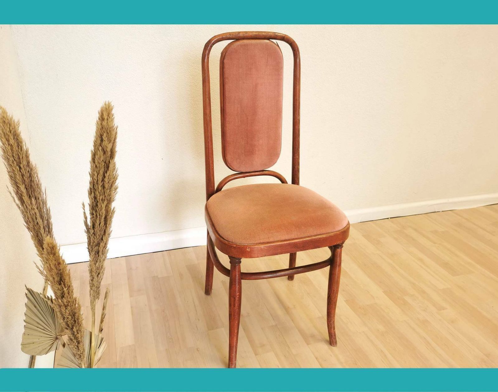 Vintage Wooden Dine Chair In Thonet Sytle With High Backrest And Cushioned Seat In Brown Pink / 1970s, Yugoslavia / Mid Century Dining Chair