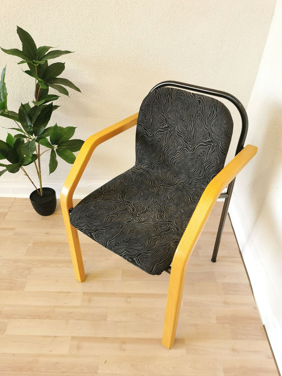 Vintage Dining Chairs / Mid Century Dine Beech Wood, Metal Legs And Black Fabric Chair / 1970s Space Age Interior Dining Room Quadrangular