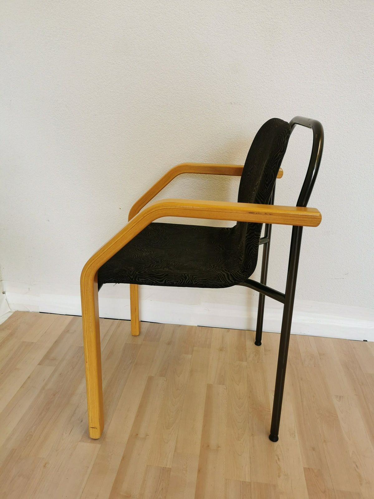 Vintage Dining Chairs / Mid Century Dine Beech Wood, Metal Legs And Black Fabric Chair / 1970s Space Age Interior Dining Room Quadrangular photo Furniture