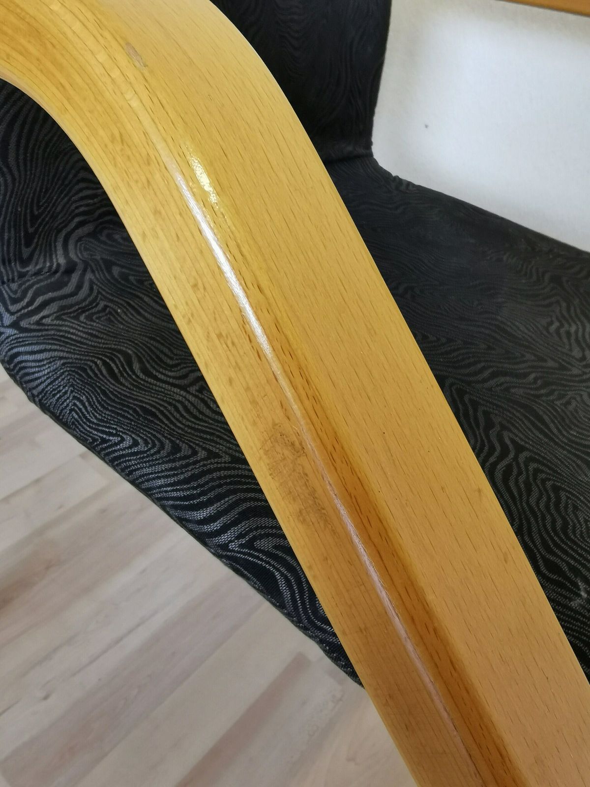 photo for sale Vintage Dining Chairs / Mid Century Dine Beech Wood, Metal Legs And Black Fabric Chair / 1970s Space Age Interior Dining Room Quadrangular