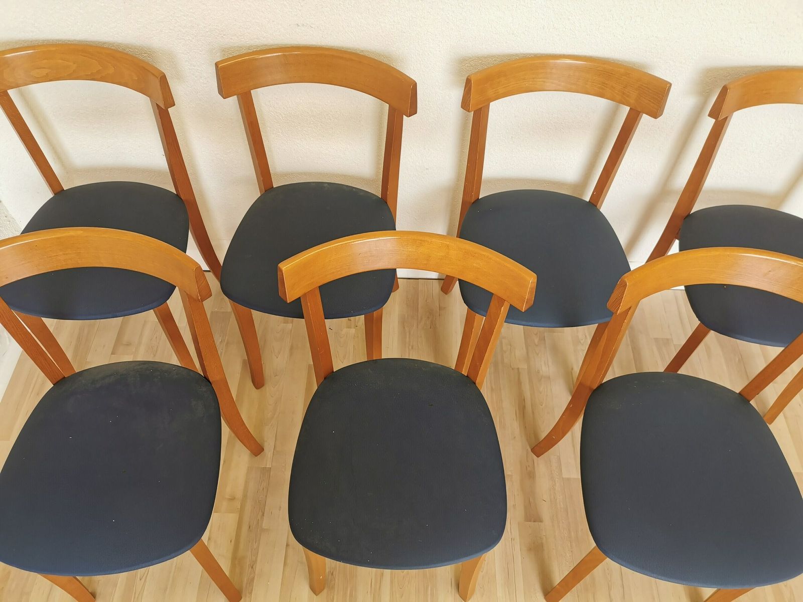 photo for sale 1 Of 7 Vintage Dining Chairs By Calligaris / Italy 1990s / Wooden Dine Chairs With Blue Fabric Seat / Mid Century Italian Design For Bistro
