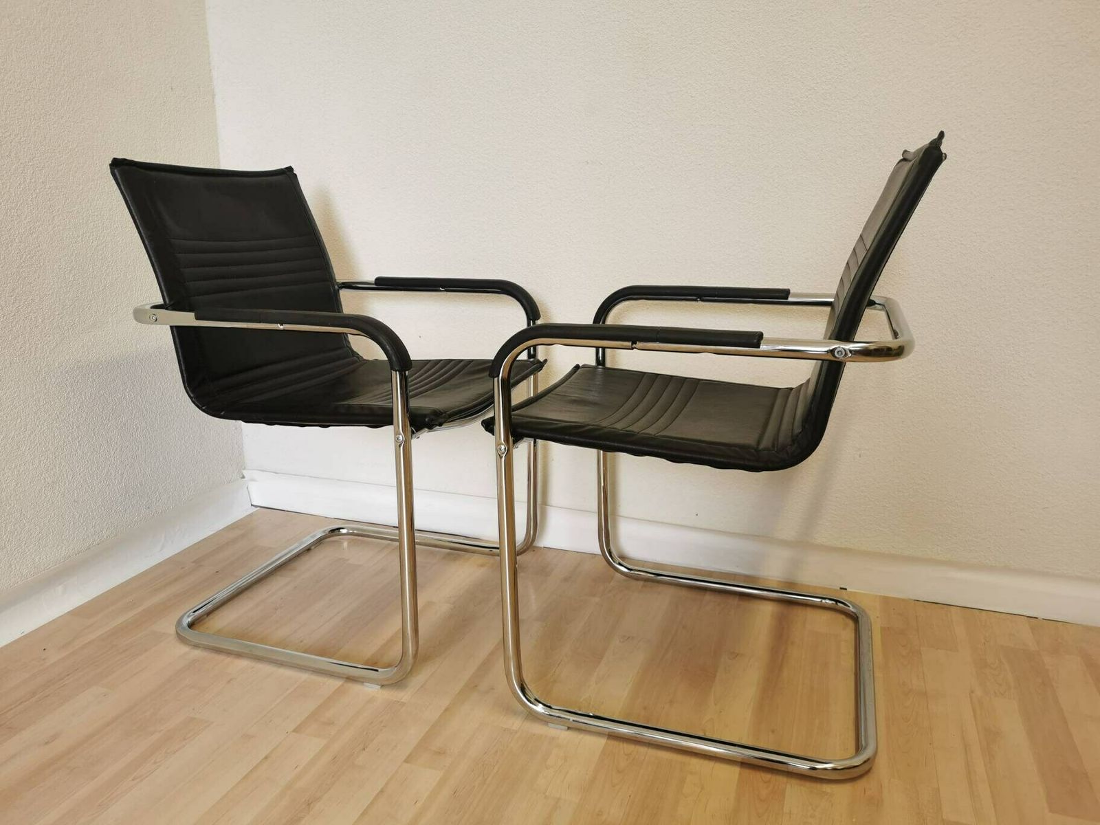Set Of 2 Rare Vintage Office Chairs / Black Leather Seat / Armrest / Chrome Tubular Base / Mid Century Dining Armchair photo furniture