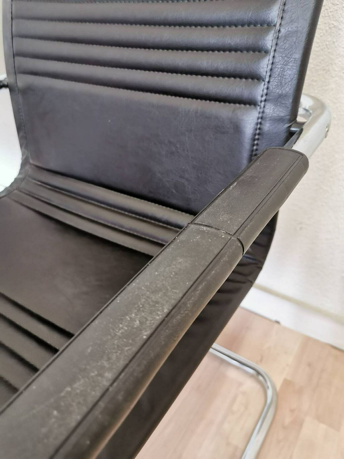 Set Of 2 Rare Vintage Office Chairs / Black Leather Seat / Armrest / Chrome Tubular Base / Mid Century Dining Armchair photo buy