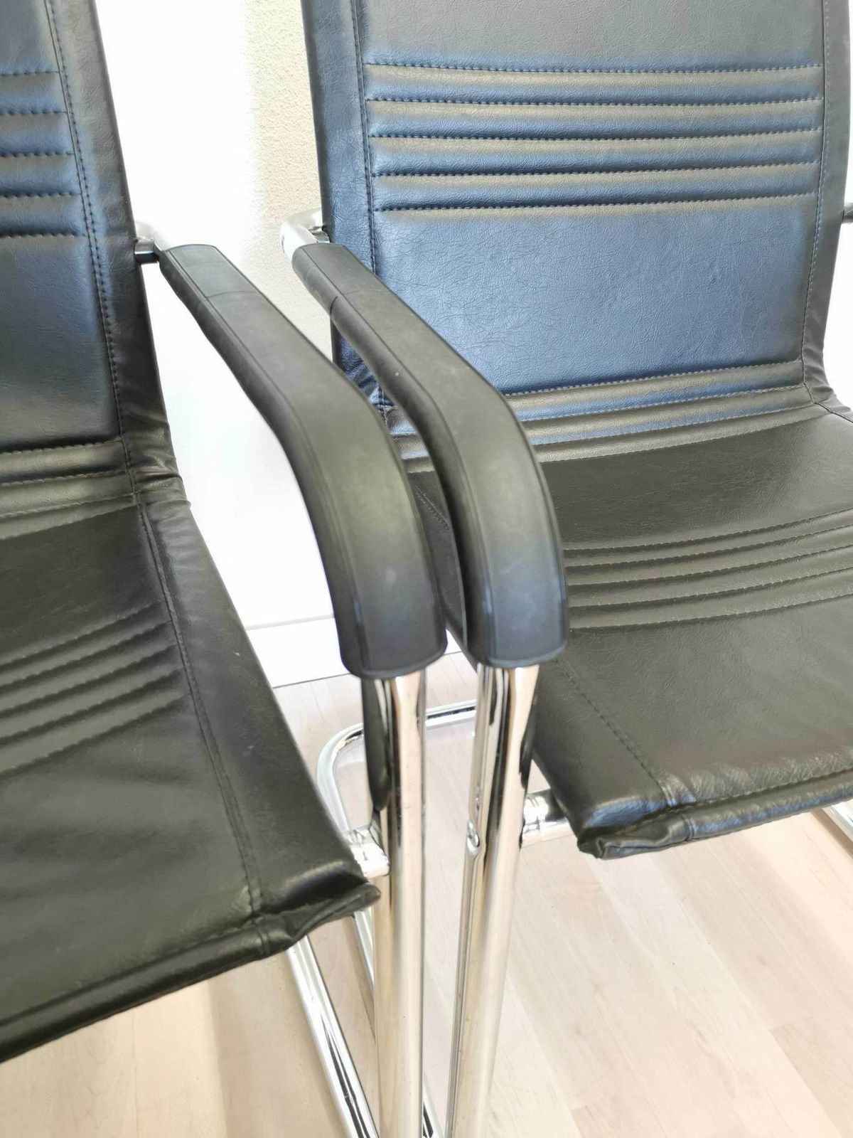 photo furniture Set Of 2 Rare Vintage Office Chairs / Black Leather Seat / Armrest / Chrome Tubular Base / Mid Century Dining Armchair