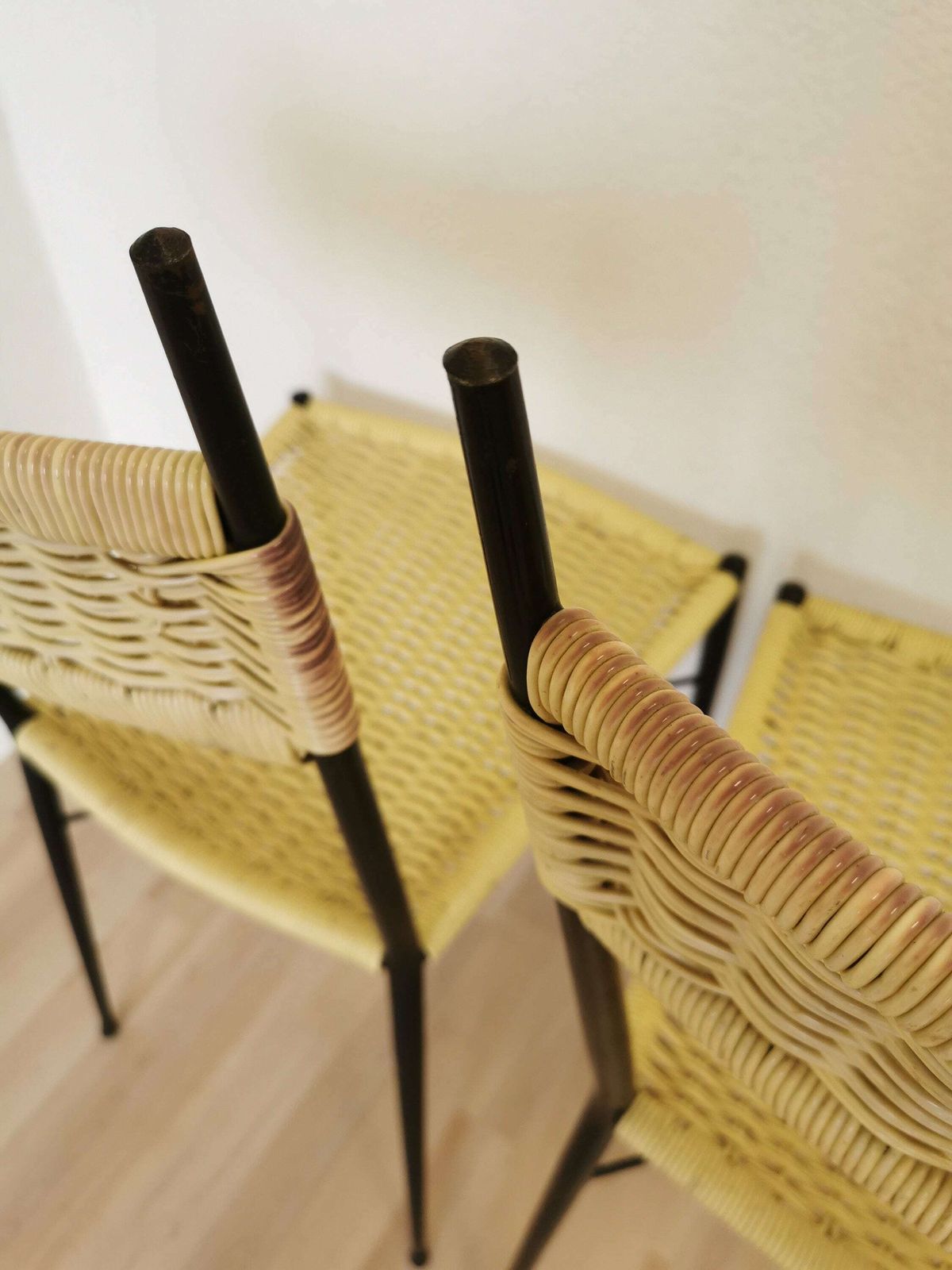 Set Of 4 Vintage Dine Chairs Made In Italy In The 1970s / Mid Century Outdoor Or Indoor Dining Chairs From Metal And Plastic In Rattan Look photo vinterior