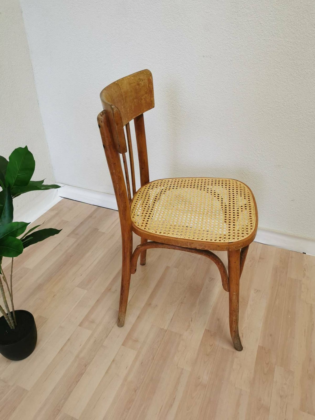 Vintage Wooden Dining Chair With Cane Seat / 1970s Yugoslavia / Mid Century Dine Chair / Wicker Chair With Patina In Boho Interior Design photo furniture