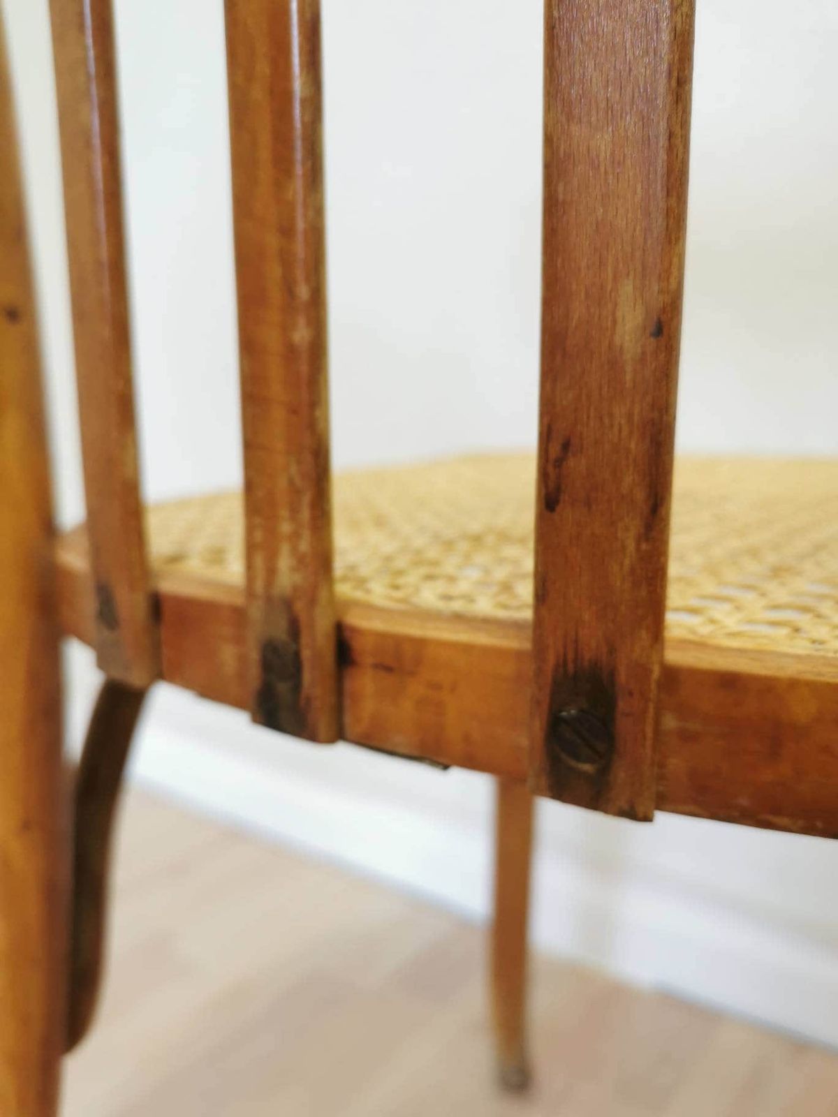 photo for sale Vintage Wooden Dining Chair With Cane Seat / 1970s Yugoslavia / Mid Century Dine Chair / Wicker Chair With Patina In Boho Interior Design