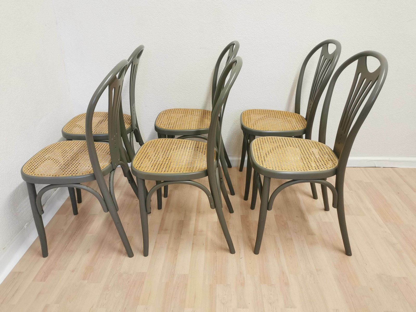 Set Of 6 Vintage Gray Bentwood Dining Chair: Thonet Style Cane Seat photo for sale