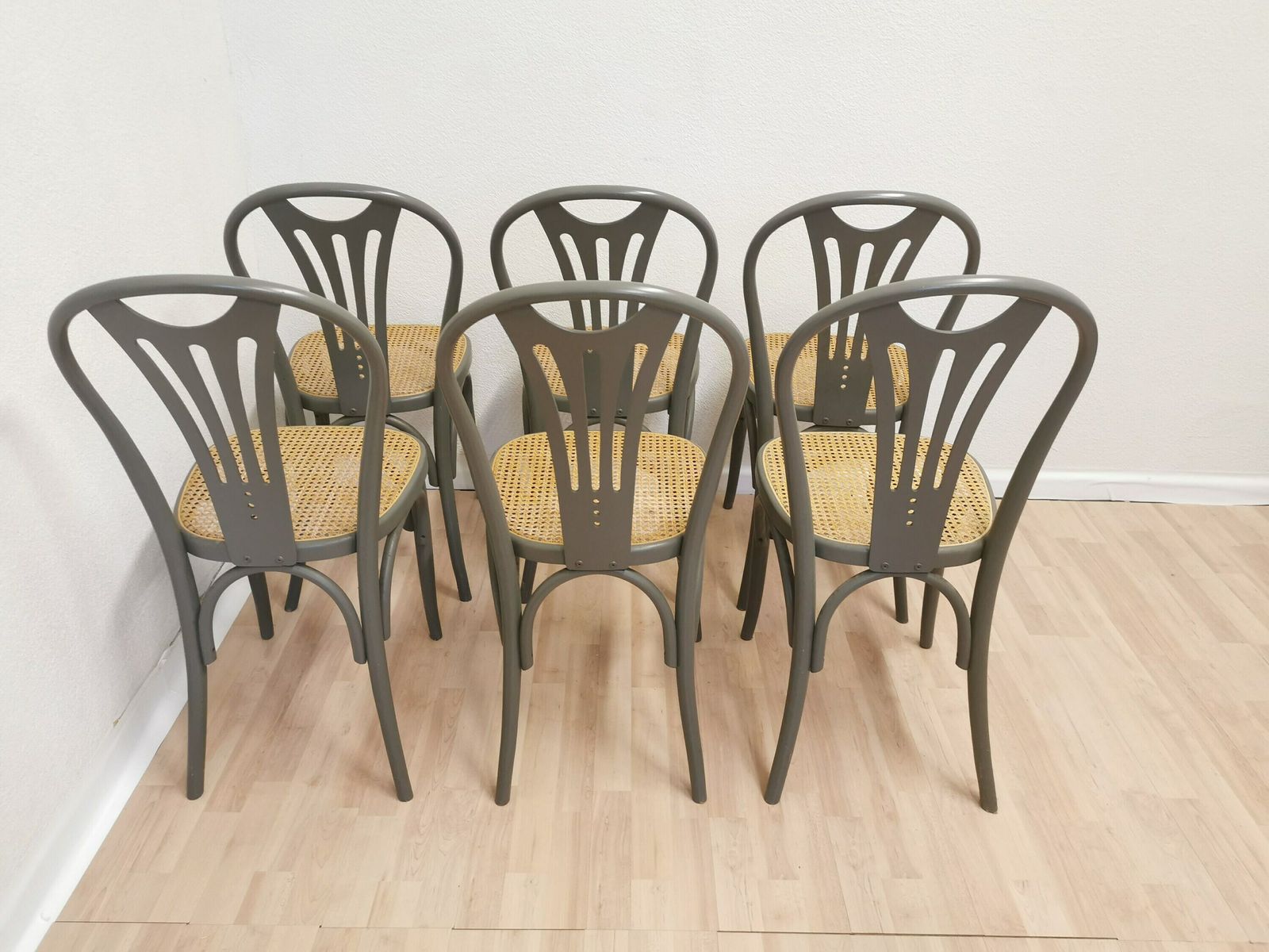 Set Of 6 Vintage Gray Bentwood Dining Chair: Thonet Style Cane Seat photo 1535.0