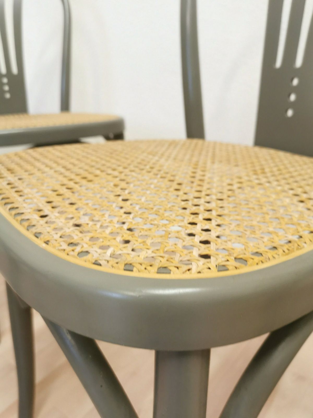 Set Of 6 Vintage Gray Bentwood Dining Chair: Thonet Style Cane Seat photo vintage