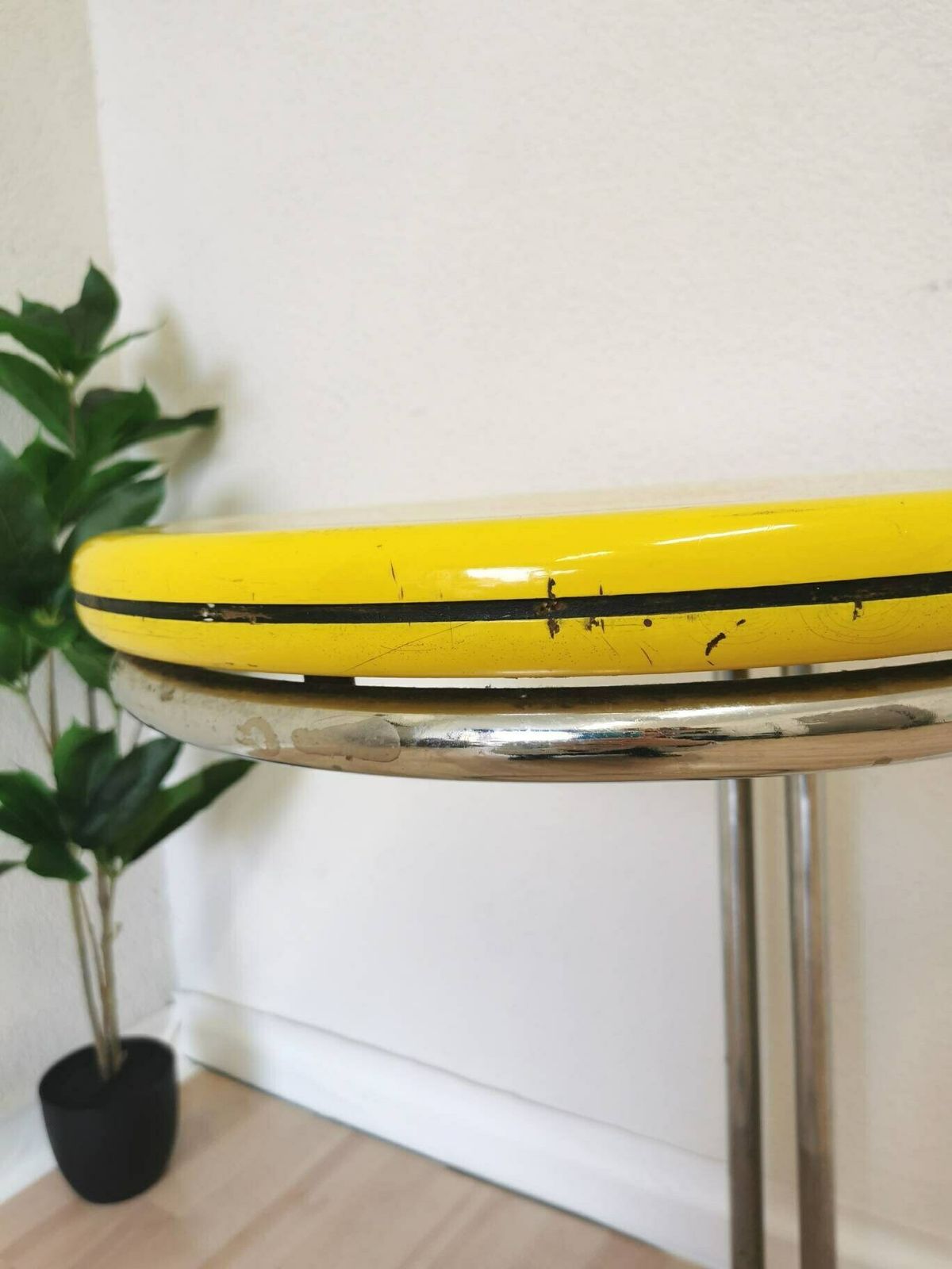 Vintage Yellow Bar Table / Tubular Chrome Table In Bauhaus Style / Mid Century Modern Space Age End Table / High Coffee Round Table / 1970s photo vinterior