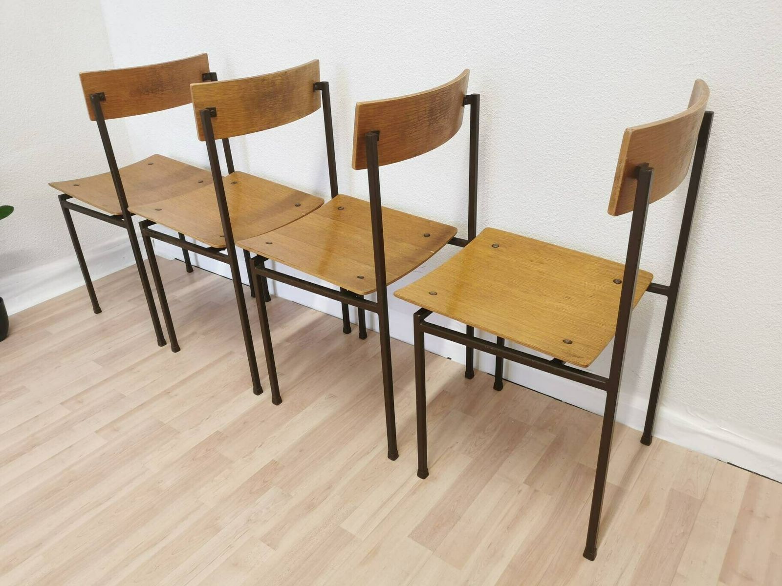 Set Of 4 Vintage School Square Chairs / Industrial Minimalist Dining Chair With Metal Frame And Wooden Seat / Mid Century Set Of Dine Chairs photo furniture