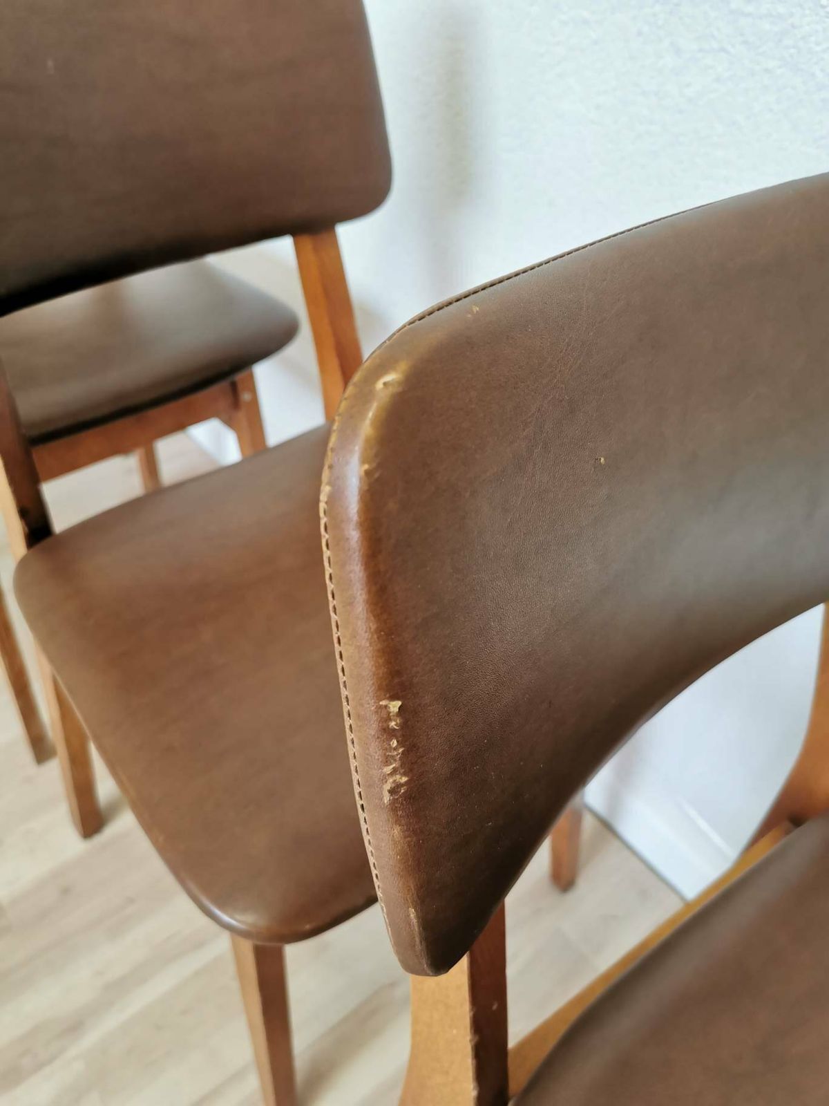 Set Of 4 Vintage Wooden Dining Chairs With Leather Seat And Backrest / Stol Kamnik 1970s Yugoslavia / Mid Century Dine Chairs / Bistro Bar photo vintage