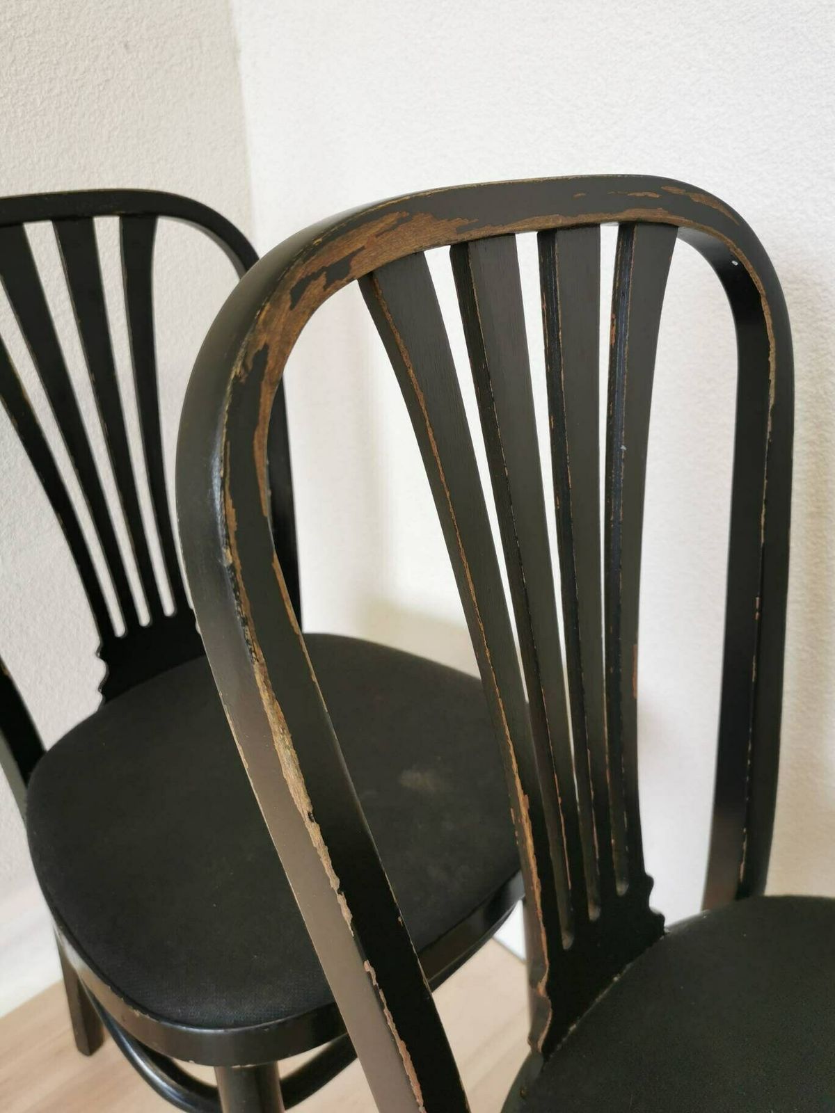 Set Of 4 Vintage Black Wooden Dining Chairs / Stol Kamnik 1970s Yugoslavia / Black Fabric Seat / Mid Century Dine Chairs / Minimalistic Set photo vintage