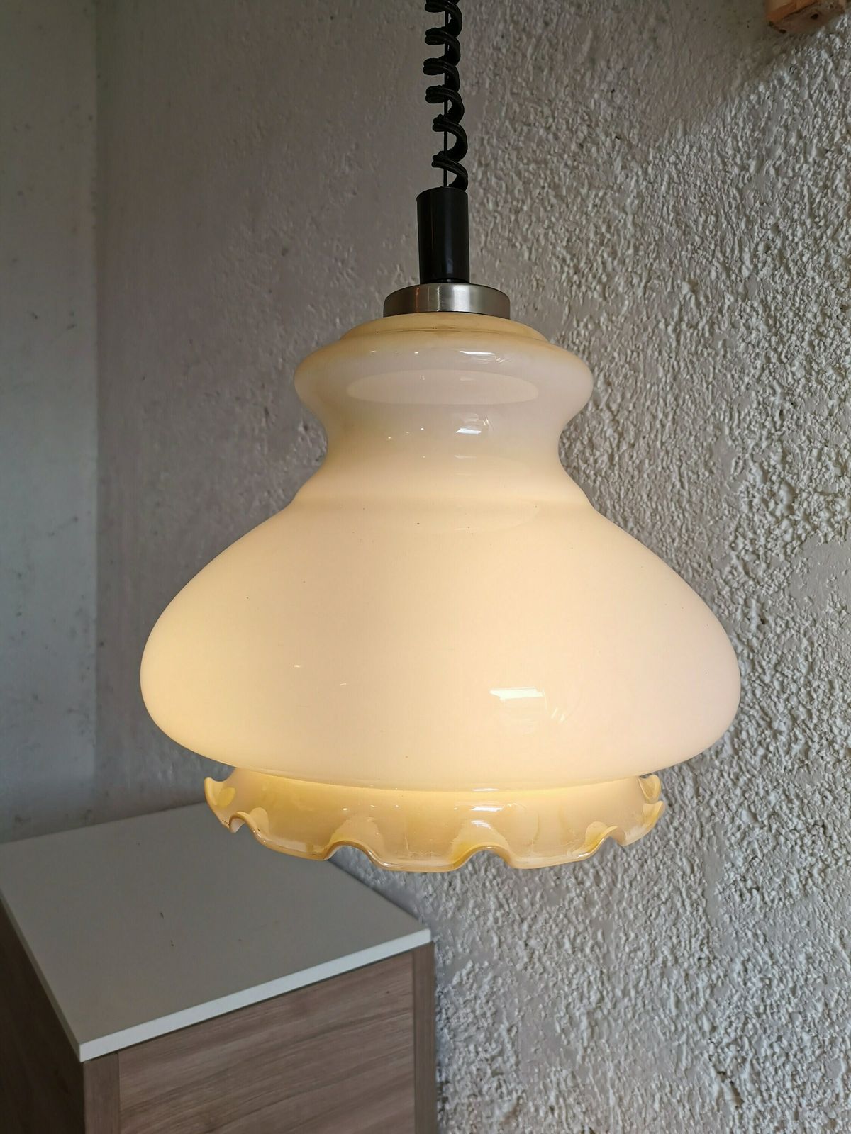 Vintage White Glass Pendant Lamp / Mid Century Ceiling Light / Made In Yugoslavia / 1970s / Yugo / Mcm / Midcentury Kitchen Dining Room / Oz