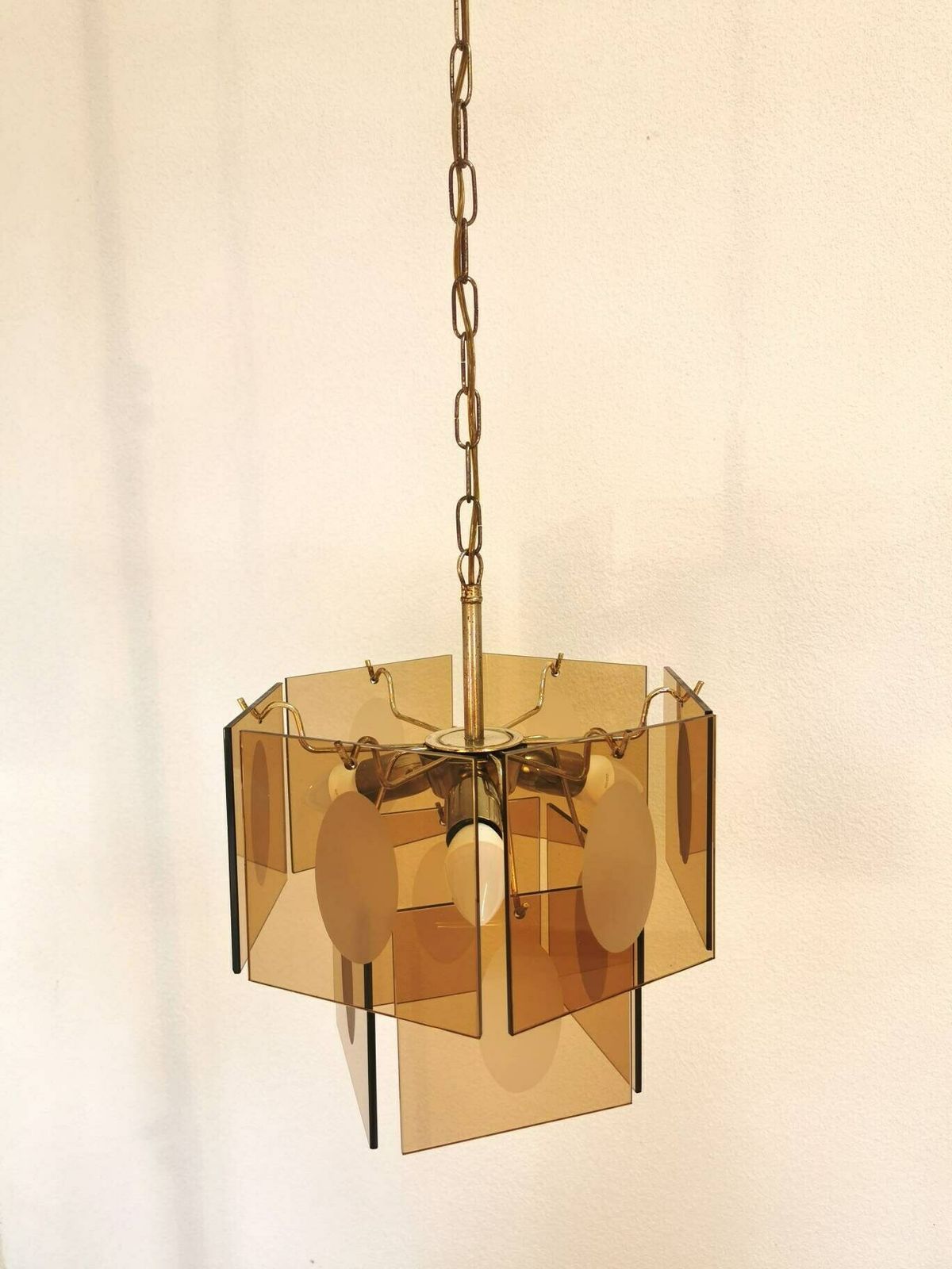 Mid Century Vistosi Chandelier / 1960s / Smoked Glass / Pendant Light / Italian Style / 10 Glass Discs / Midcentury / Made In Italy / Top photo for sale